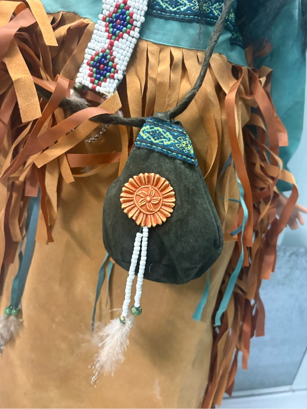 Native Style Collectible Doll with Teal Top and Tan Fringe Skirt - Picture 8 of 16